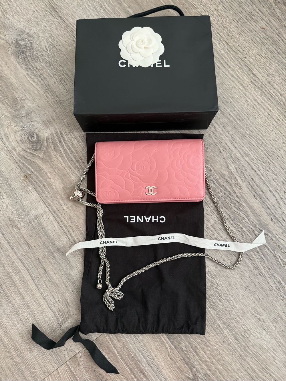 CHANEL Pink Camellia-Embossed Chain Crossbody Wallet